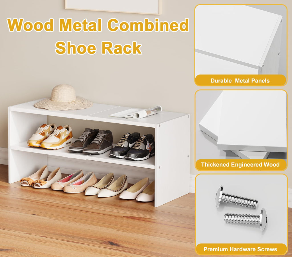 Baxikayon 2-Tier Shoe Rack, Expandable Small Stackable Shoe Organizer Holds 6-12 Pairs for Closet Entryway Hallway Bedroom, White