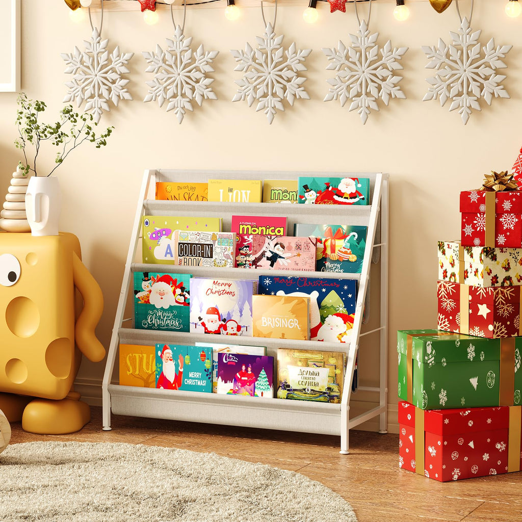 Baxikayon 4-Tier Kids Bookshelf with Canvas Pockets, Book Display Rack for Kids Room & Playroom, 28.34 in, White