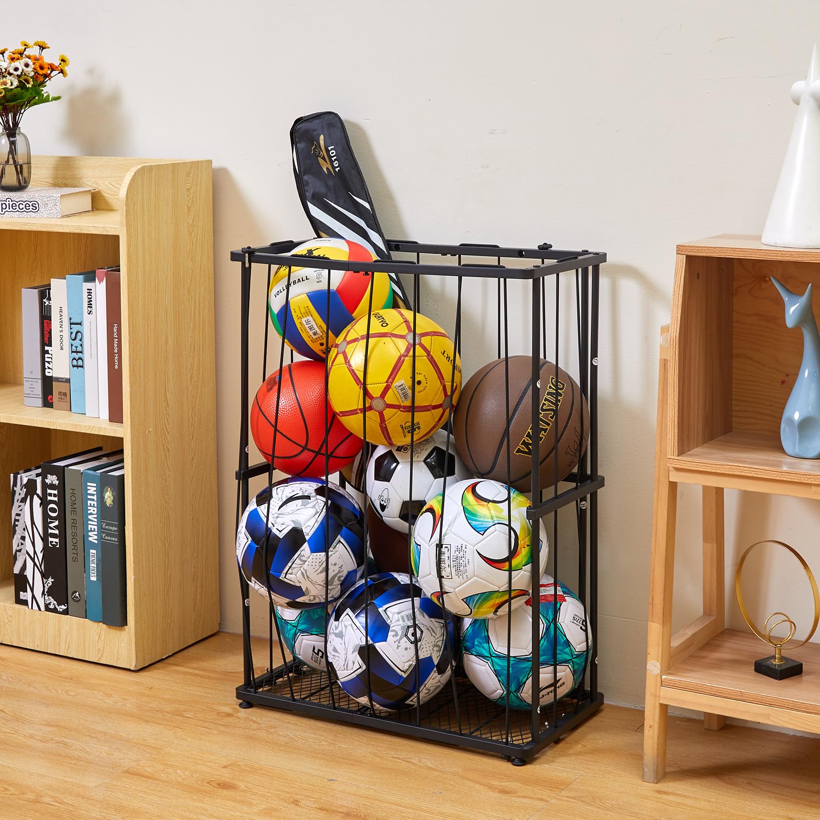 Baxikayon Wall-Mounted & Floor-Standing Ball Rack Organizer with Elastic Rope, Sports Storage for Basketball, Soccer, Volleyball, Garage, Black