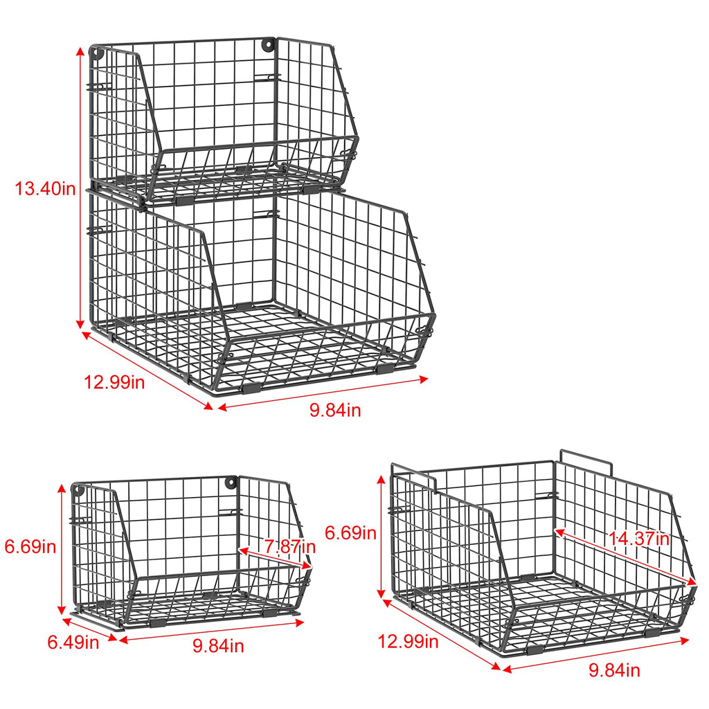 Baxikayon 2-Tier Stackable Wire Basket Organizer with Ventilated Mesh, Wall-Mounted Pantry Storage for Fruit, Vegetables, Snacks, Black