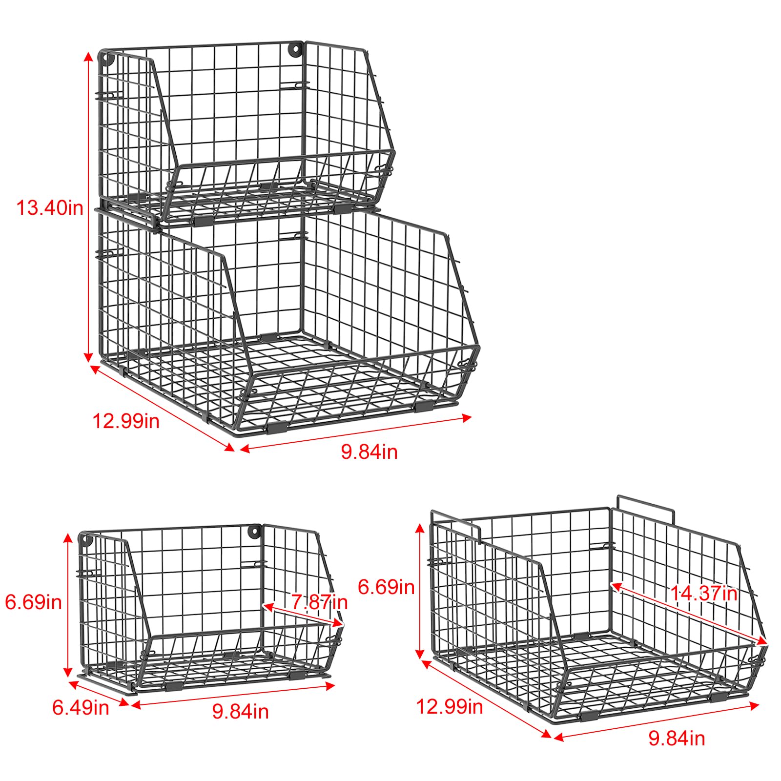 Baxikayon 2-Tier Stackable Wire Basket Organizer with Ventilated Mesh, Wall-Mounted Pantry Storage for Fruit, Vegetables, Snacks, Black