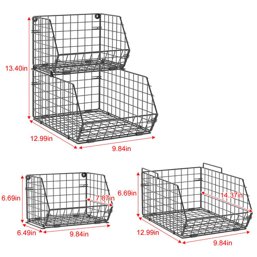 Baxikayon 2-Tier Stackable Wire Basket Organizer with Ventilated Mesh, Wall-Mounted Pantry Storage for Fruit, Vegetables, Snacks, Black