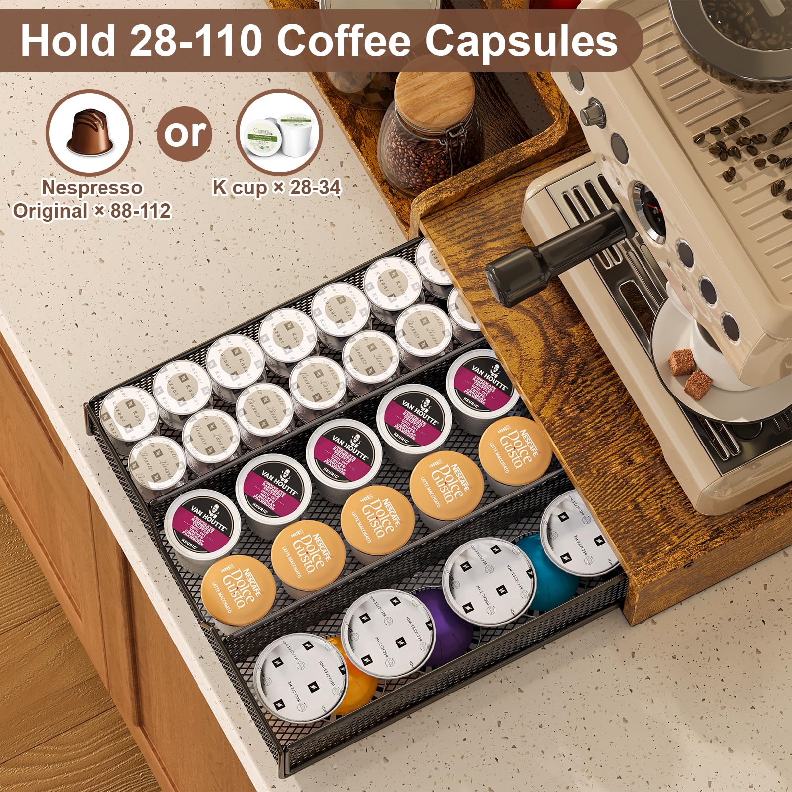 Baxikayon Coffee Bar Organizer, 3-Tier Coffee Station Organizer with K Cup Holder & Syrup Rack, 28 Pod Capacity, Rustic Brown