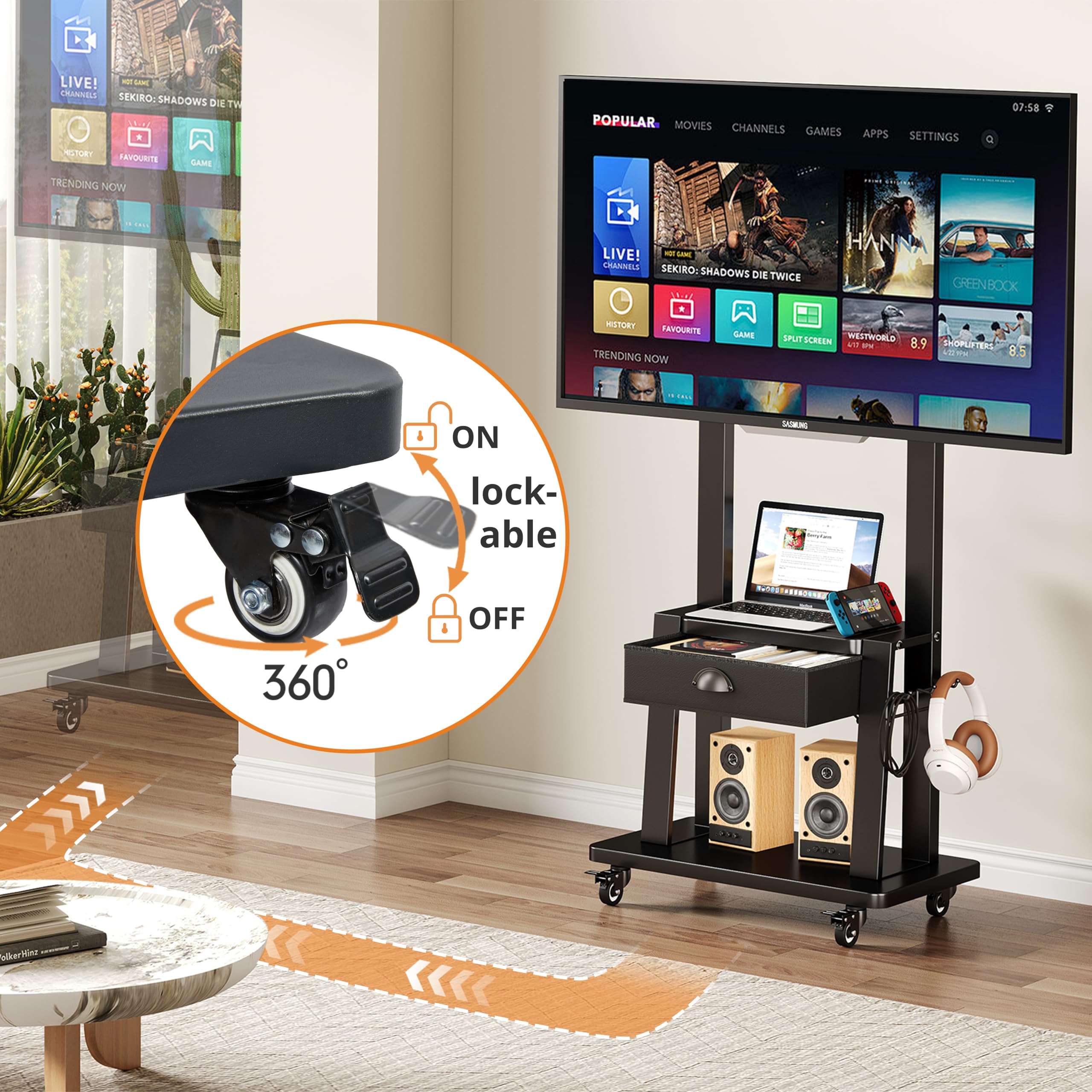 Baxikayon Mobile TV Stand with Drawer, Rolling TV Cart for 23-75 inch TVs, 2 Shelves, 120 lbs Capacity, Max VESA 600x400mm, Black