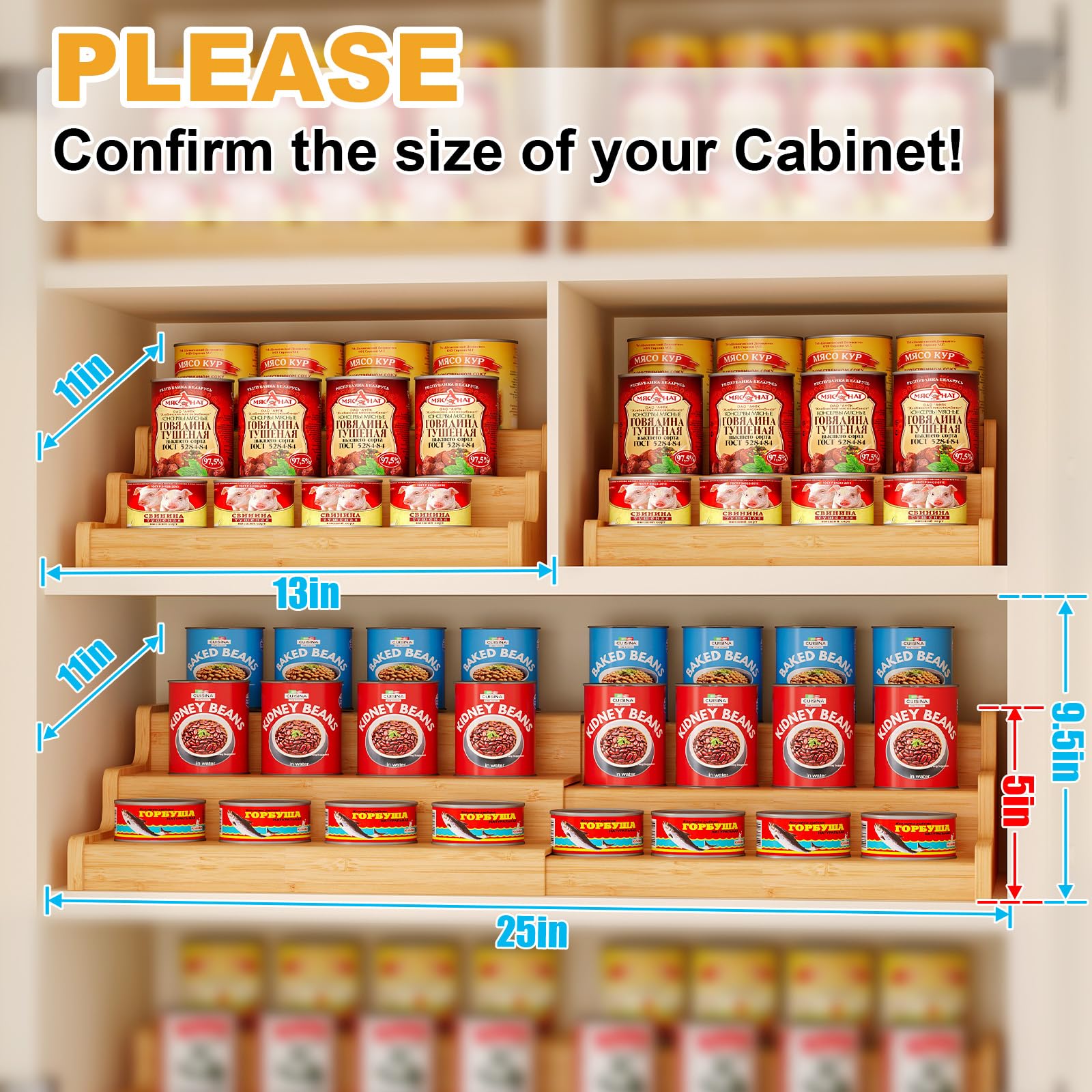 Baxikayon 3-Tier Expandable Bamboo Spice Rack Organizer, Adjustable Can Storage Shelf, Holds 24 Cans, Natural