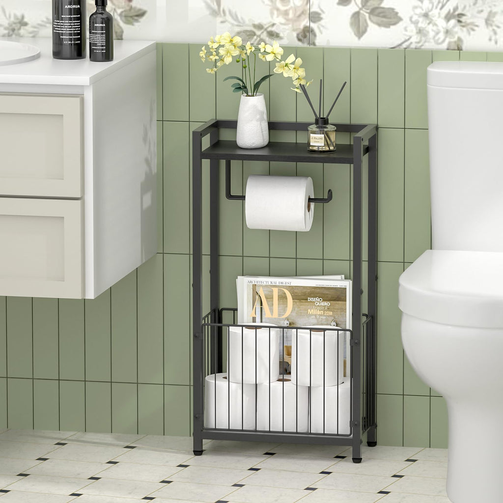 Baxikayon Freestanding Toilet Paper Holder Stand with Storage Shelf, 3-in-1 Bathroom Organizer for Phone, Wet Wipes and Magazines, Black