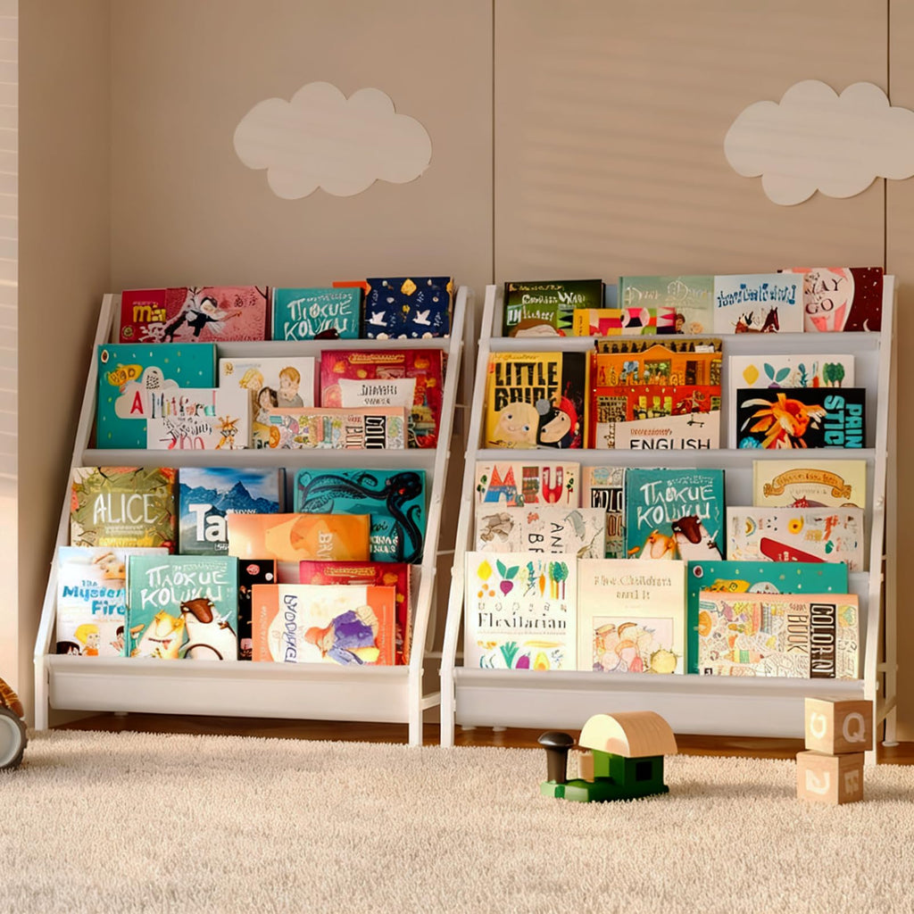 Baxikayon 4-Tier Kids Bookshelf with Canvas Pockets, Book Display Rack for Kids Room & Playroom, 28.34 in, White