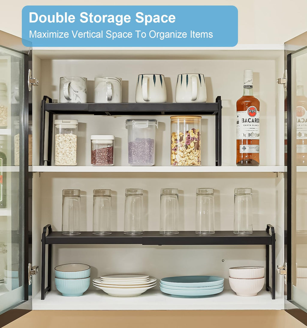 Baxikayon 2-Pack Expandable Cabinet Organizer Shelves, Stackable Shelf for Kitchen Countertop & Pantry Storage, Length 20.5", Black