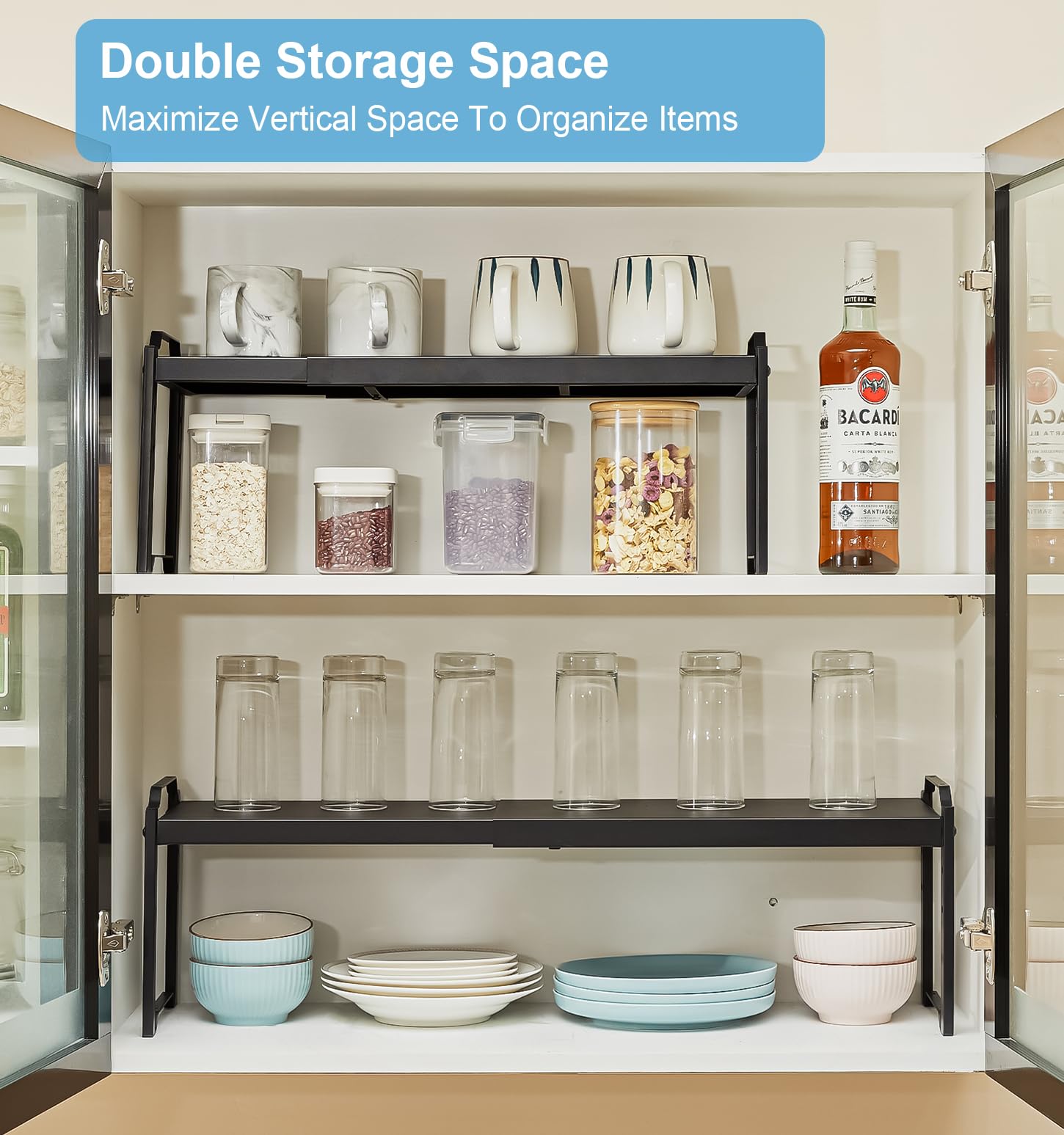 Baxikayon 2-Pack Expandable Cabinet Organizer Shelves, Stackable Shelf for Kitchen Countertop & Pantry Storage, Length 20.5", Black