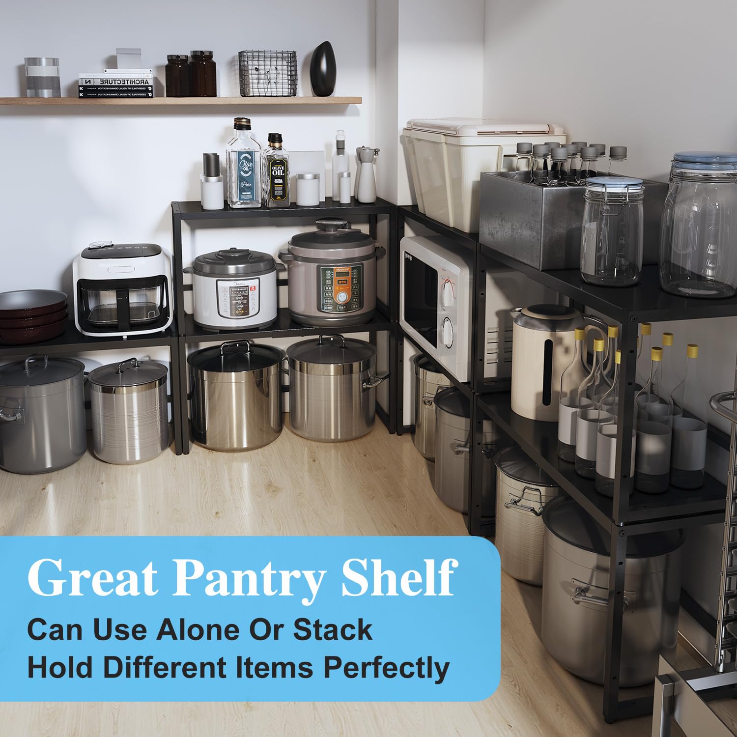 Baxikayon Expandable Cabinet Organizer, Heavy-Duty Metal Shelf for Kitchen Cabinets, Pantry & Garage, 110 lbs Capacity, Black
