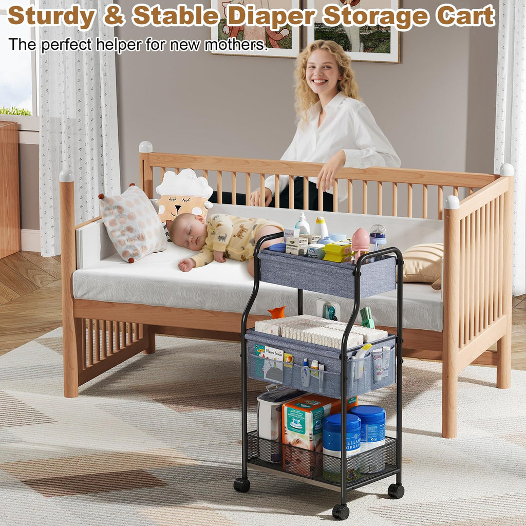 Baxikayon 3-Tier Diaper Caddy Cart, Rolling Nursery Organizer with 6 Dividers & Wheels, Metal Utility Cart for Baby & Bathroom, Gray