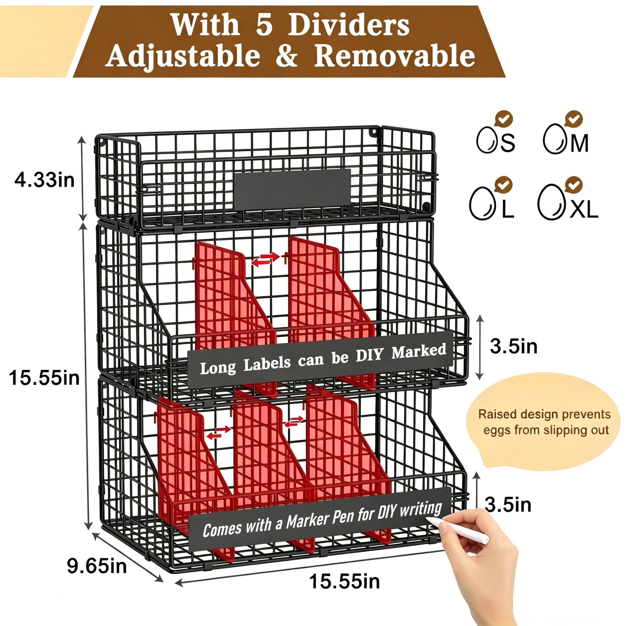 Baxikayon 3-Tier Stackable Egg Holder with 5 Dividers & Diy Nameplate, Wall-Mounted Wire Basket Organizer for Countertop Pantry, Black