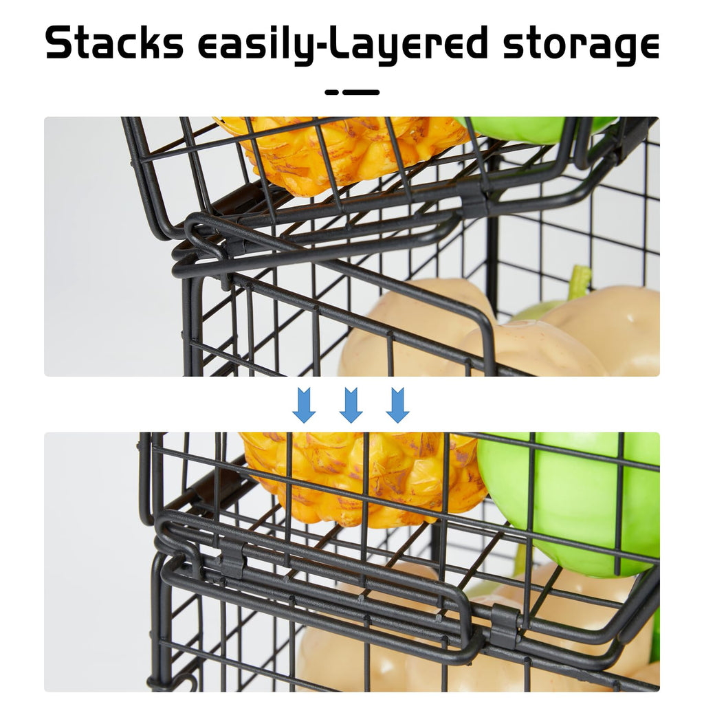 Baxikayon 2-Tier Stackable Wire Basket Organizer with Ventilated Mesh, Wall-Mounted Pantry Storage for Fruit, Vegetables, Snacks, Black