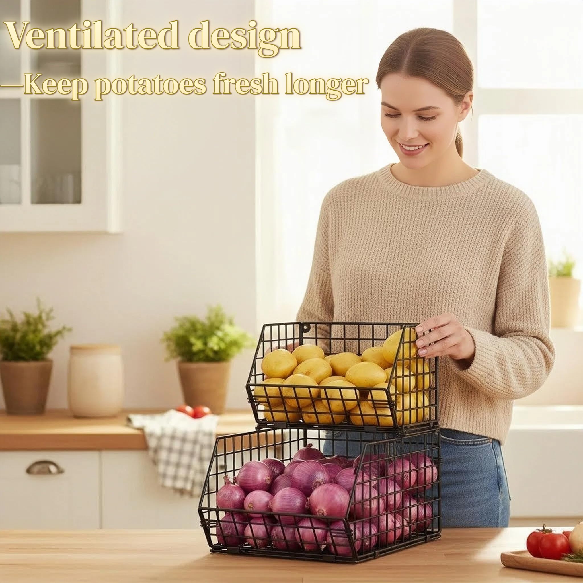 Baxikayon 2-Tier Stackable Wire Basket Organizer with Ventilated Mesh, Wall-Mounted Pantry Storage for Fruit, Vegetables, Snacks, Black
