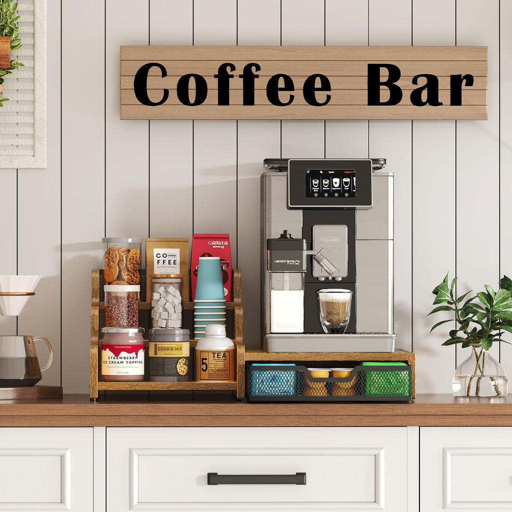 Baxikayon Coffee Bar Organizer, 3-Tier Coffee Station Organizer with K Cup Holder & Syrup Rack, 28 Pod Capacity, Rustic Brown