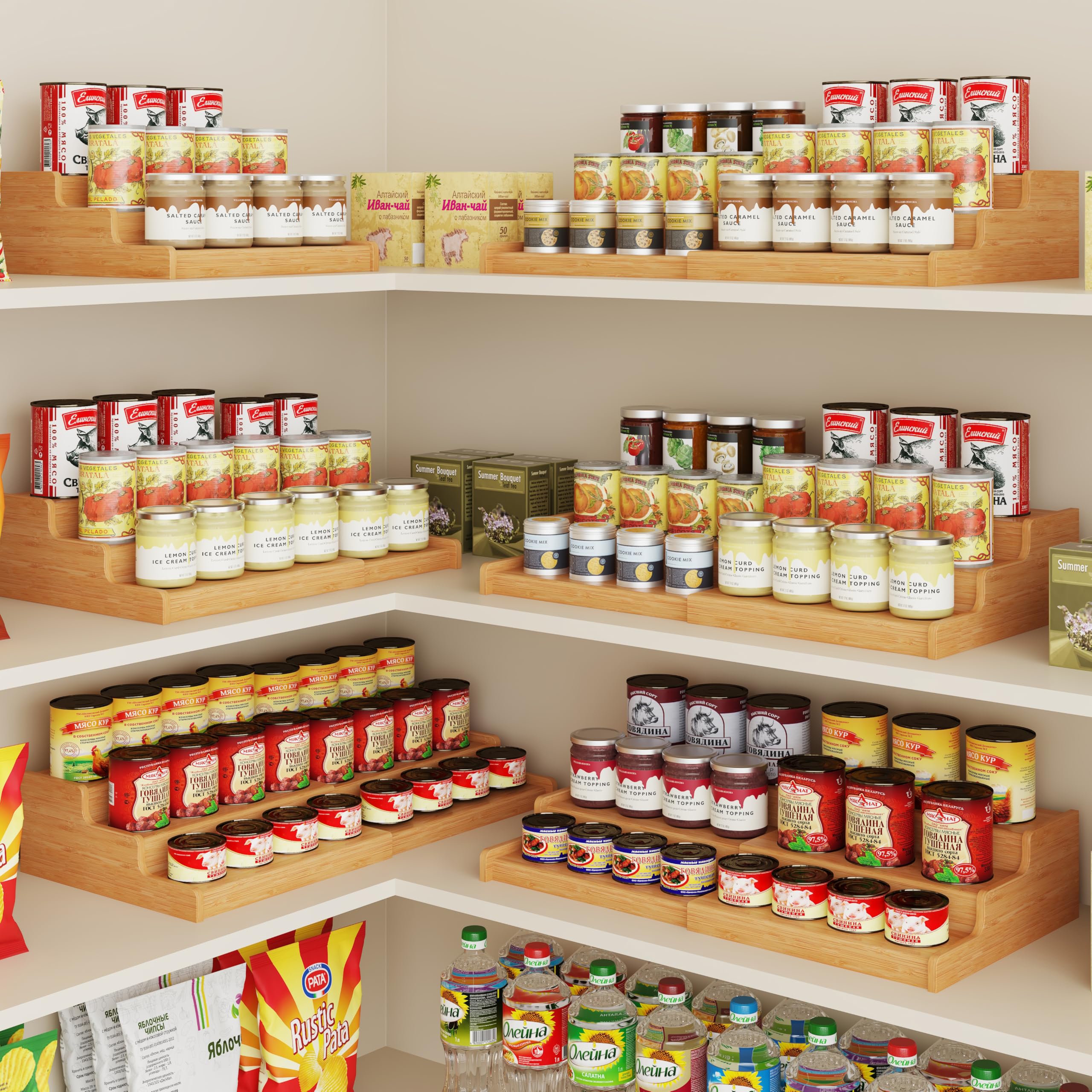 Baxikayon 3-Tier Expandable Bamboo Spice Rack Organizer, Adjustable Can Storage Shelf, Holds 24 Cans, Natural