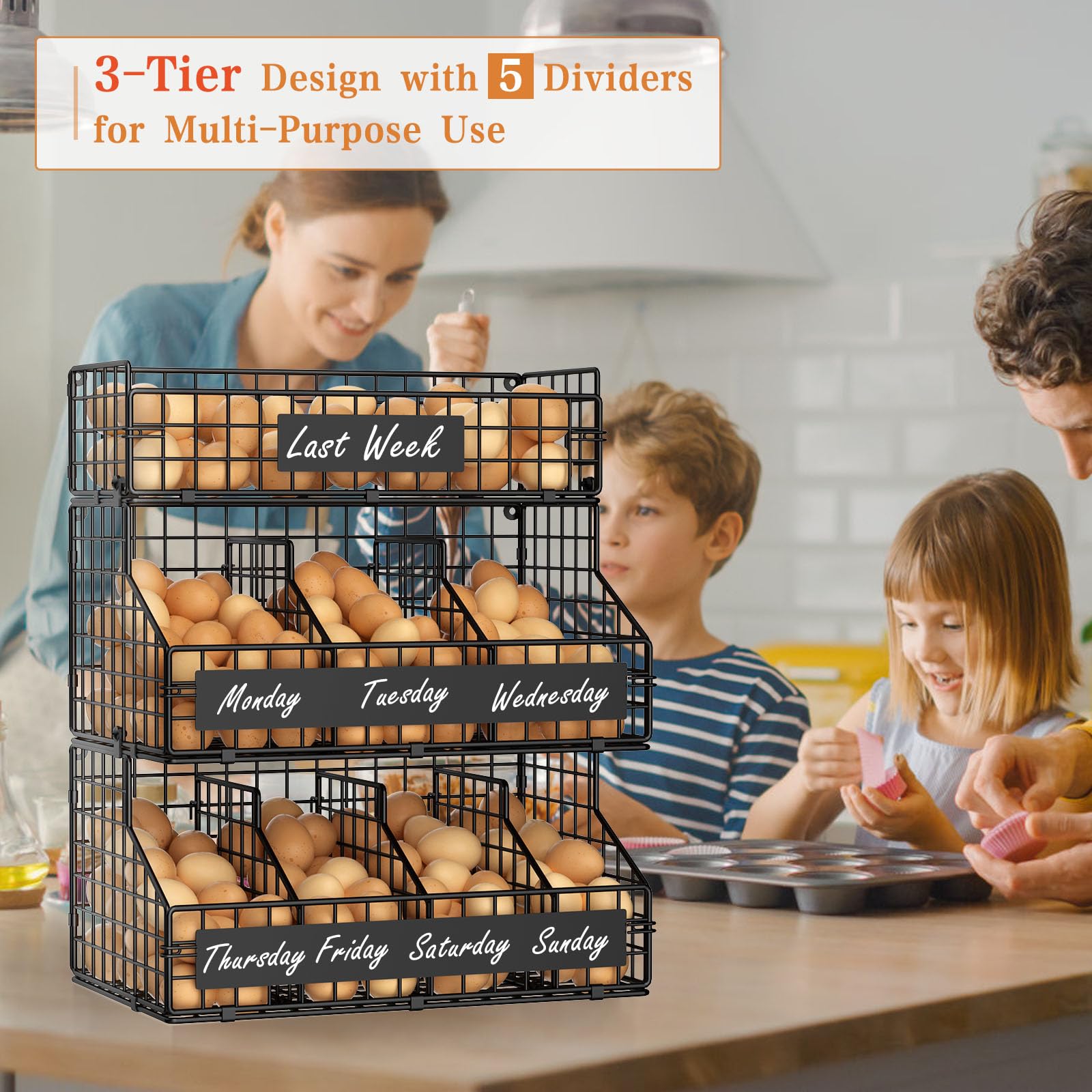 Baxikayon 3-Tier Stackable Egg Holder with 5 Dividers & Diy Nameplate, Wall-Mounted Wire Basket Organizer for Countertop Pantry, Black