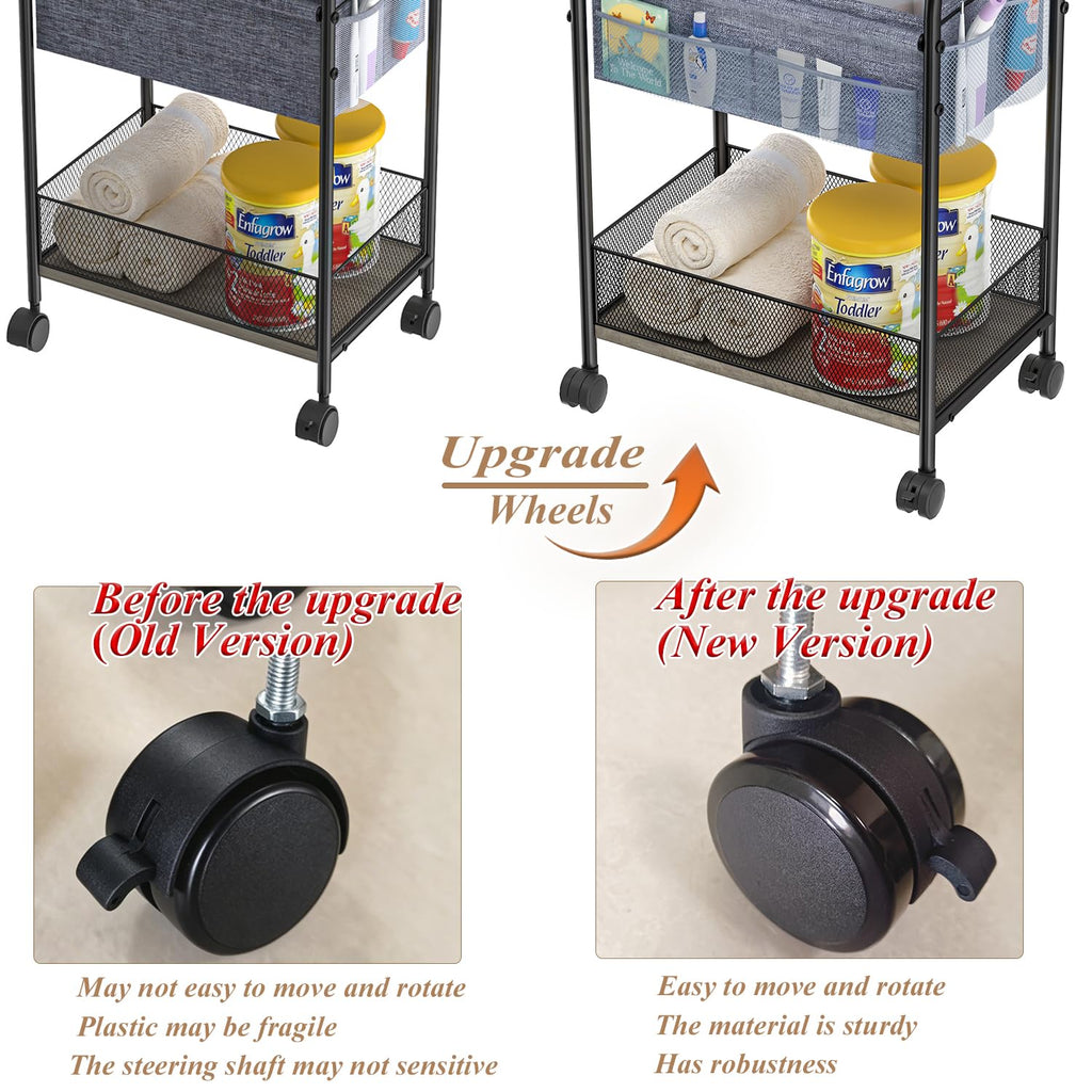 Baxikayon 3-Tier Diaper Caddy Cart, Rolling Nursery Organizer with 6 Dividers & Wheels, Metal Utility Cart for Baby & Bathroom, Gray