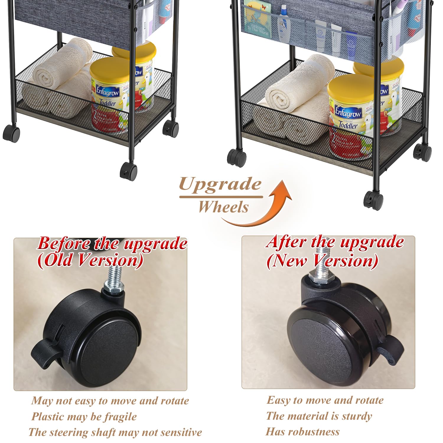 Baxikayon 3-Tier Diaper Caddy Cart, Rolling Nursery Organizer with 6 Dividers & Wheels, Metal Utility Cart for Baby & Bathroom, Gray