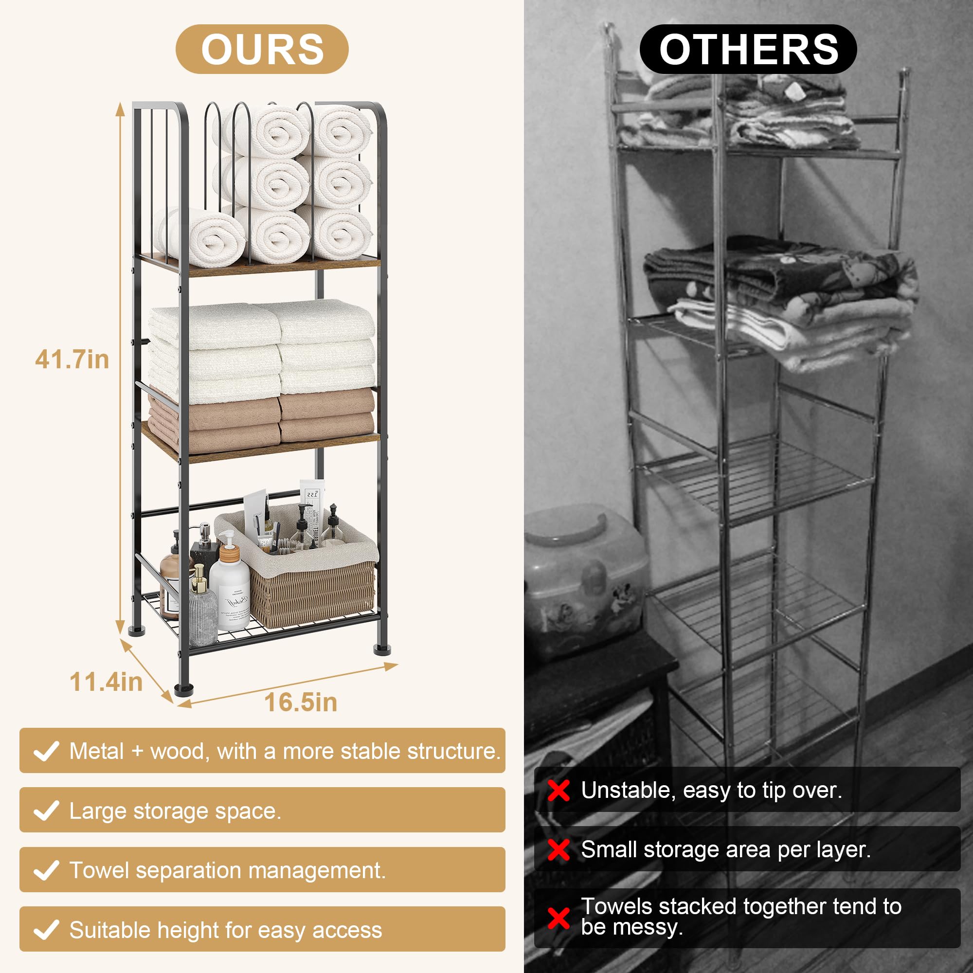 Baxikayon 3-Tier Freestanding Towel Rack with m-shaped Dividers, Metal Bathroom Storage Organizer for Bathroom & Pool, Vintage