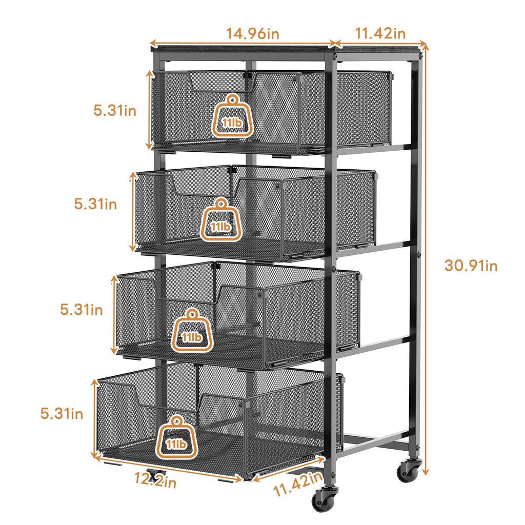 Baxikayon 4-Tier Kitchen Storage Cart with Drawers, Rolling Fruit Vegetable Organizer with Wooden Top for Kitchen & Pantry, Black