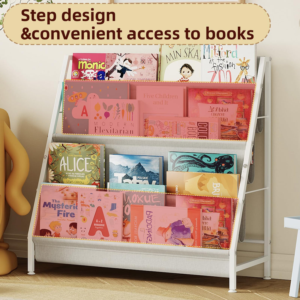 Baxikayon 4-Tier Kids Bookshelf with Canvas Pockets, Book Display Rack for Kids Room & Playroom, 28.34 in, White