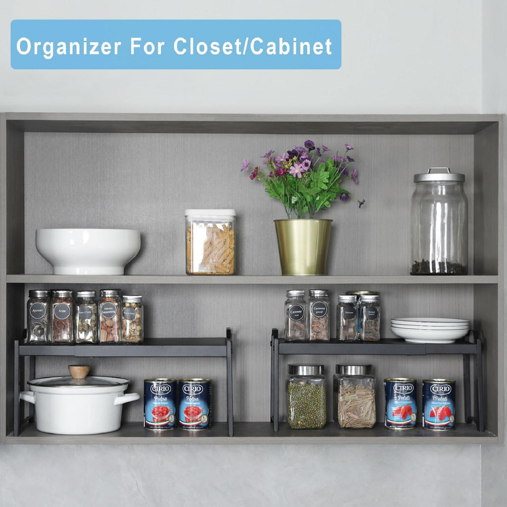 Baxikayon 2-Pack Expandable Cabinet Organizer Shelves, Stackable Shelf for Kitchen Countertop & Pantry Storage, Length 20.5", Black