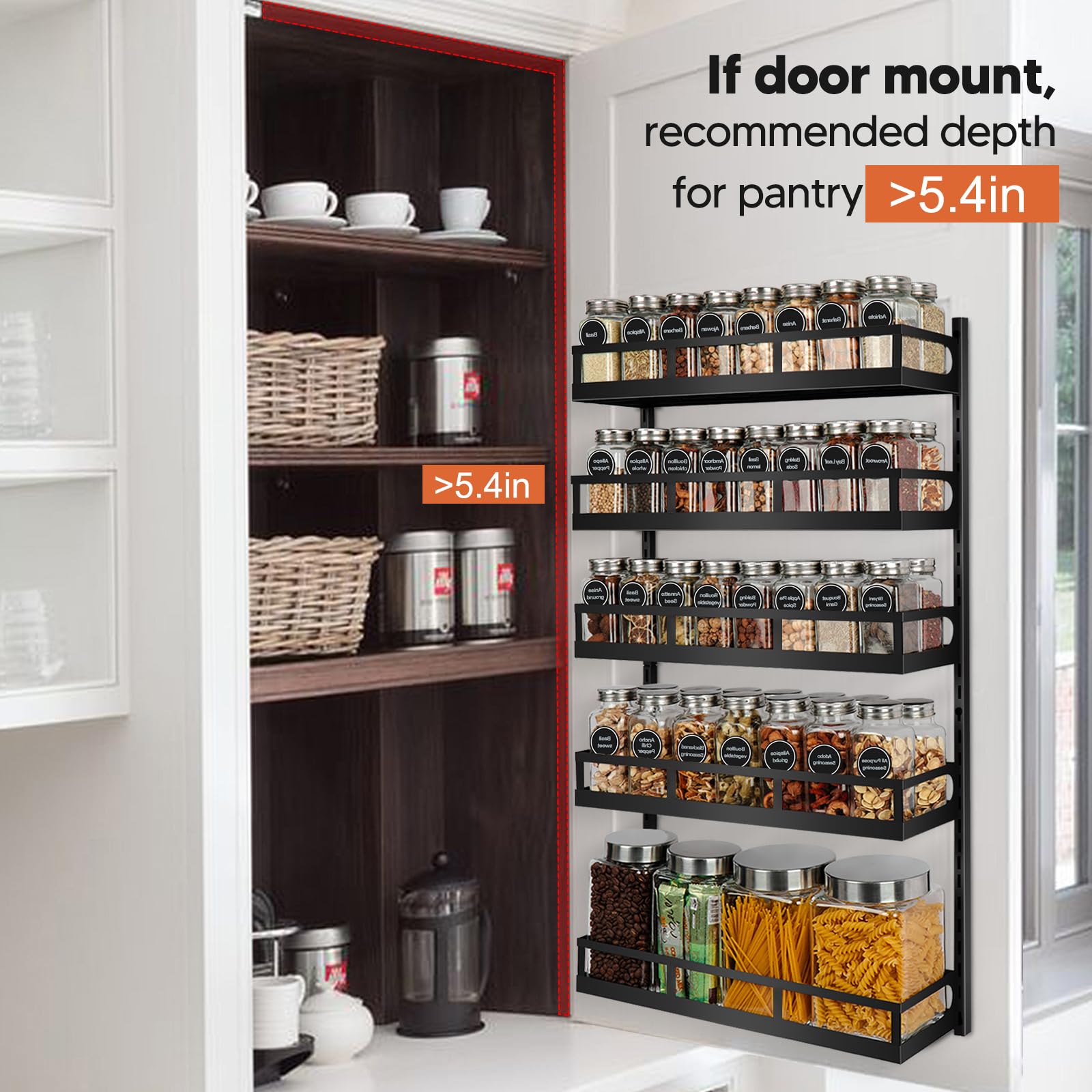 Baxikayon 5-Tier Wall Mount Spice Rack Organizer, Height-Adjustable Shelf with Hooks, Holds 64 Jars for Kitchen Pantry Cabinet, Black