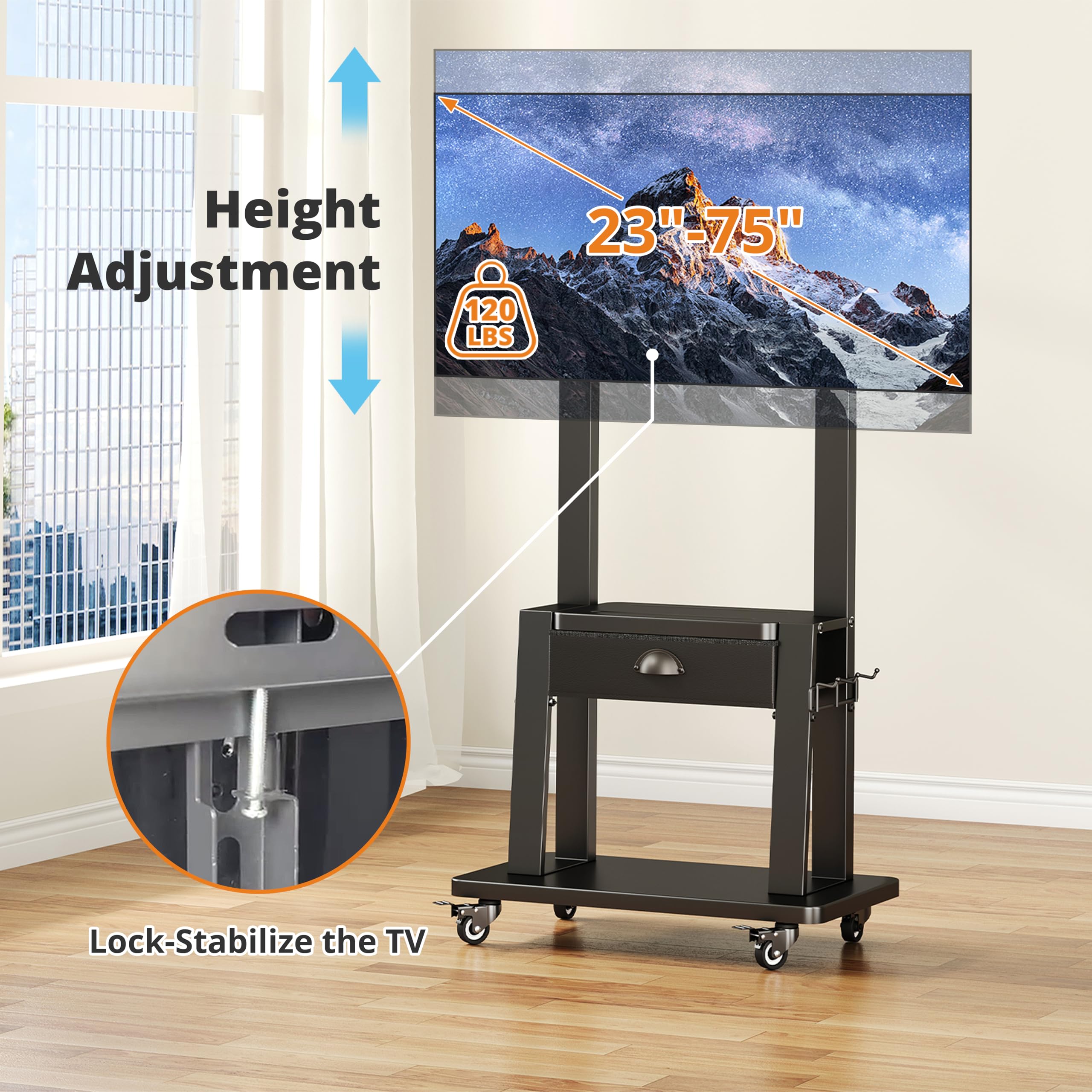 Baxikayon Mobile TV Stand with Drawer, Rolling TV Cart for 23-75 inch TVs, 2 Shelves, 120 lbs Capacity, Max VESA 600x400mm, Black