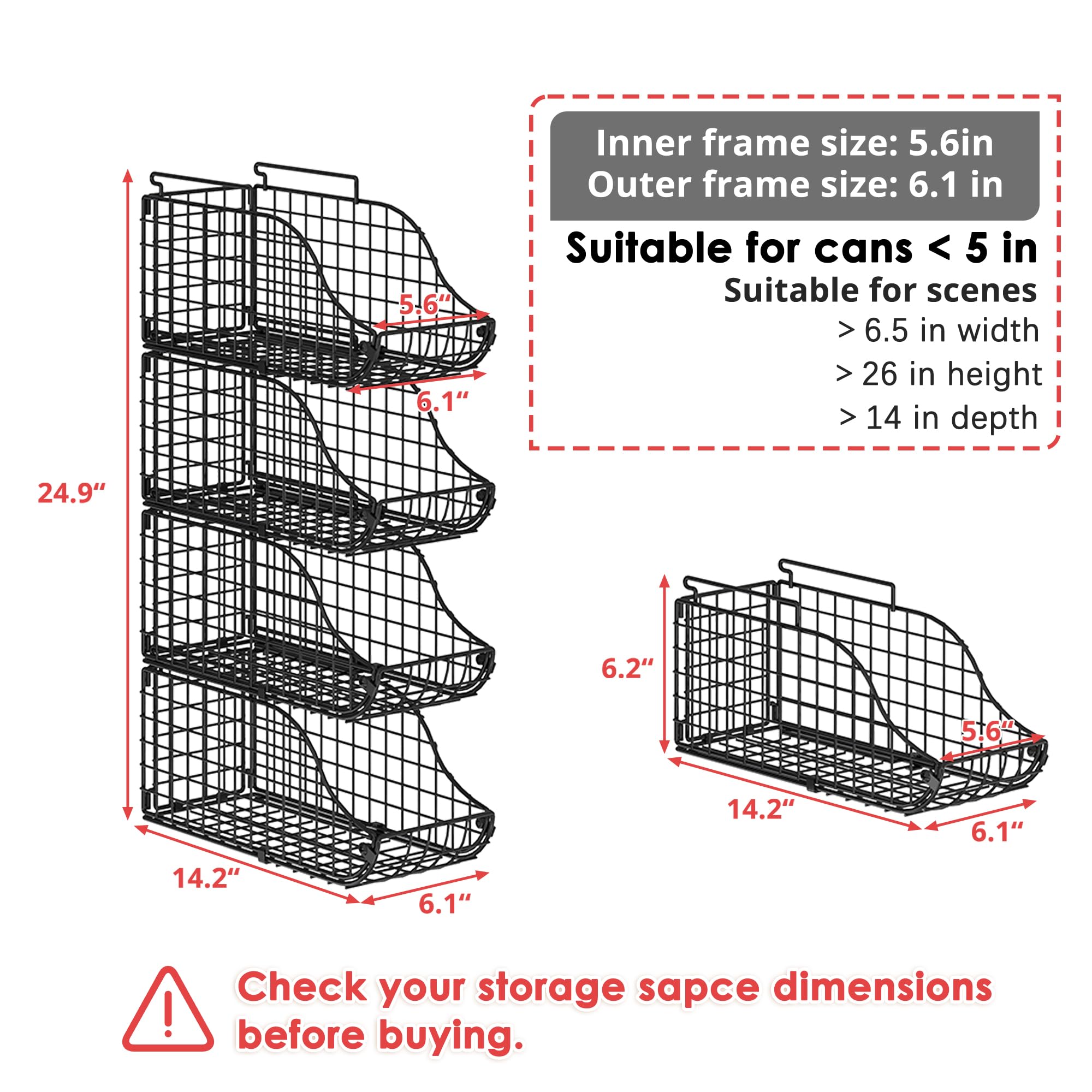 Baxikayon 4-Pack Stackable Can Organizer with Handles, Foldable Wire Soda & Canned Food Storage Rack for Kitchen Pantry Cabinet, Black