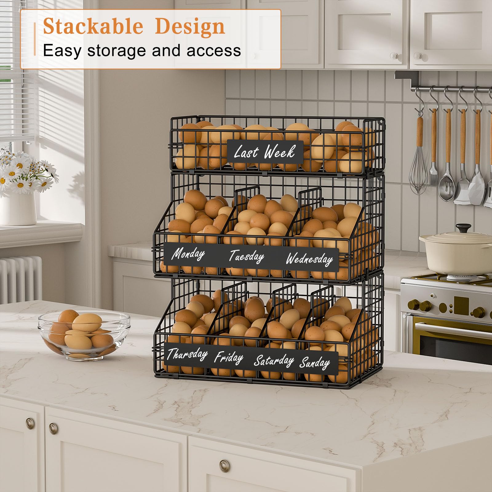 Baxikayon 3-Tier Stackable Egg Holder with 5 Dividers & Diy Nameplate, Wall-Mounted Wire Basket Organizer for Countertop Pantry, Black