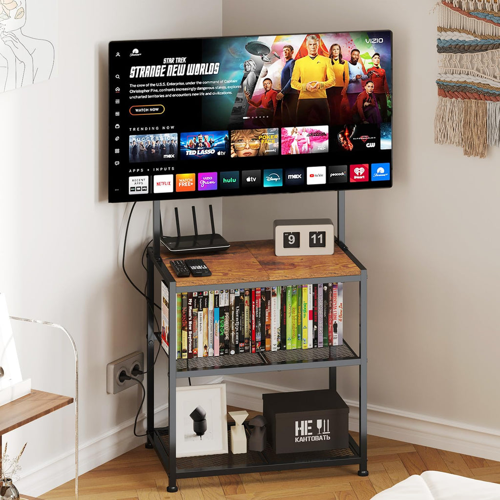 Baxikayon 23–50 inch Corner TV Stand, Rustic Brown Small Space Entertainment Center with 3 Storage Shelves and Adjustable TV Mount, Metal Frame