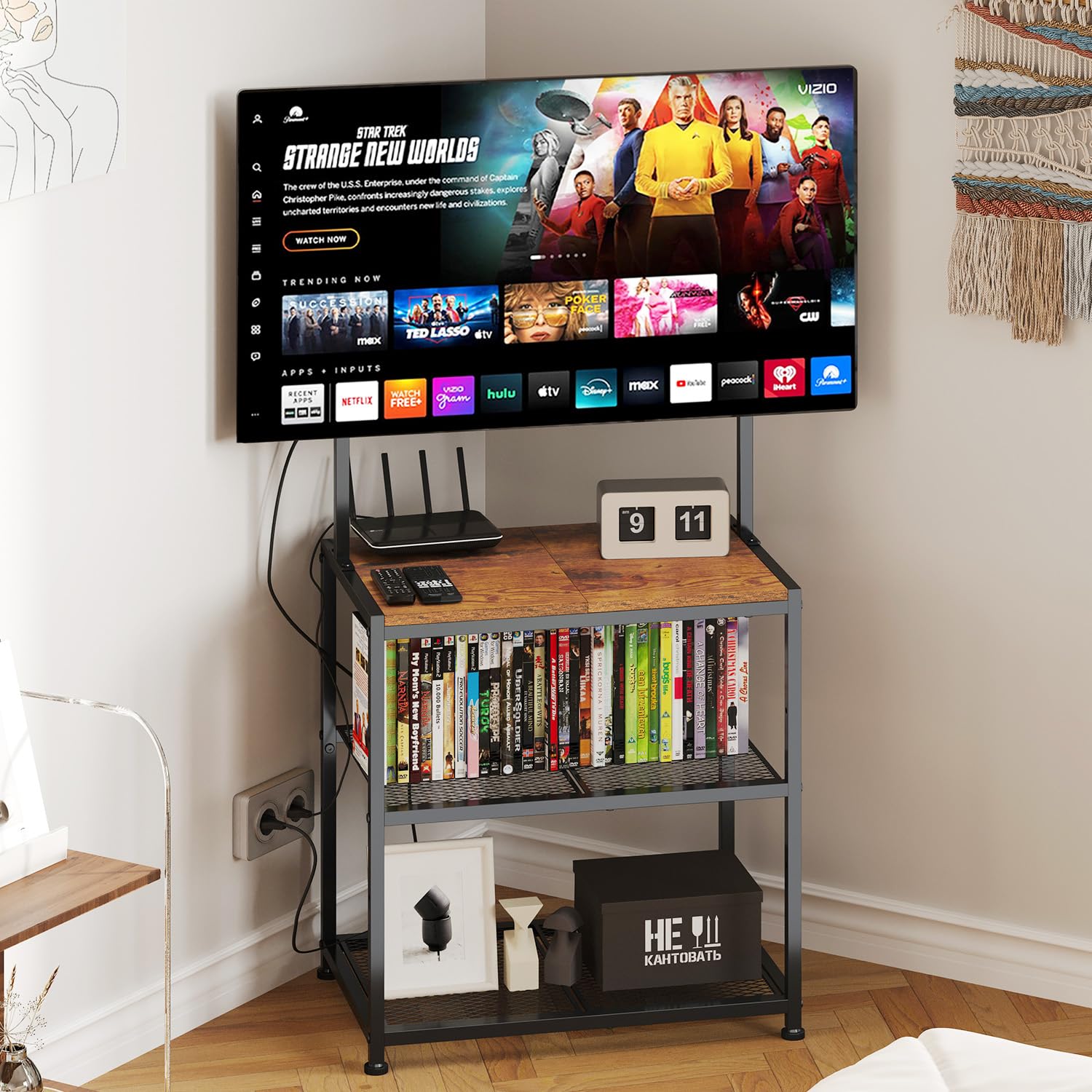 Baxikayon 23–50 inch Corner TV Stand, Rustic Brown Small Space Entertainment Center with 3 Storage Shelves and Adjustable TV Mount, Metal Frame