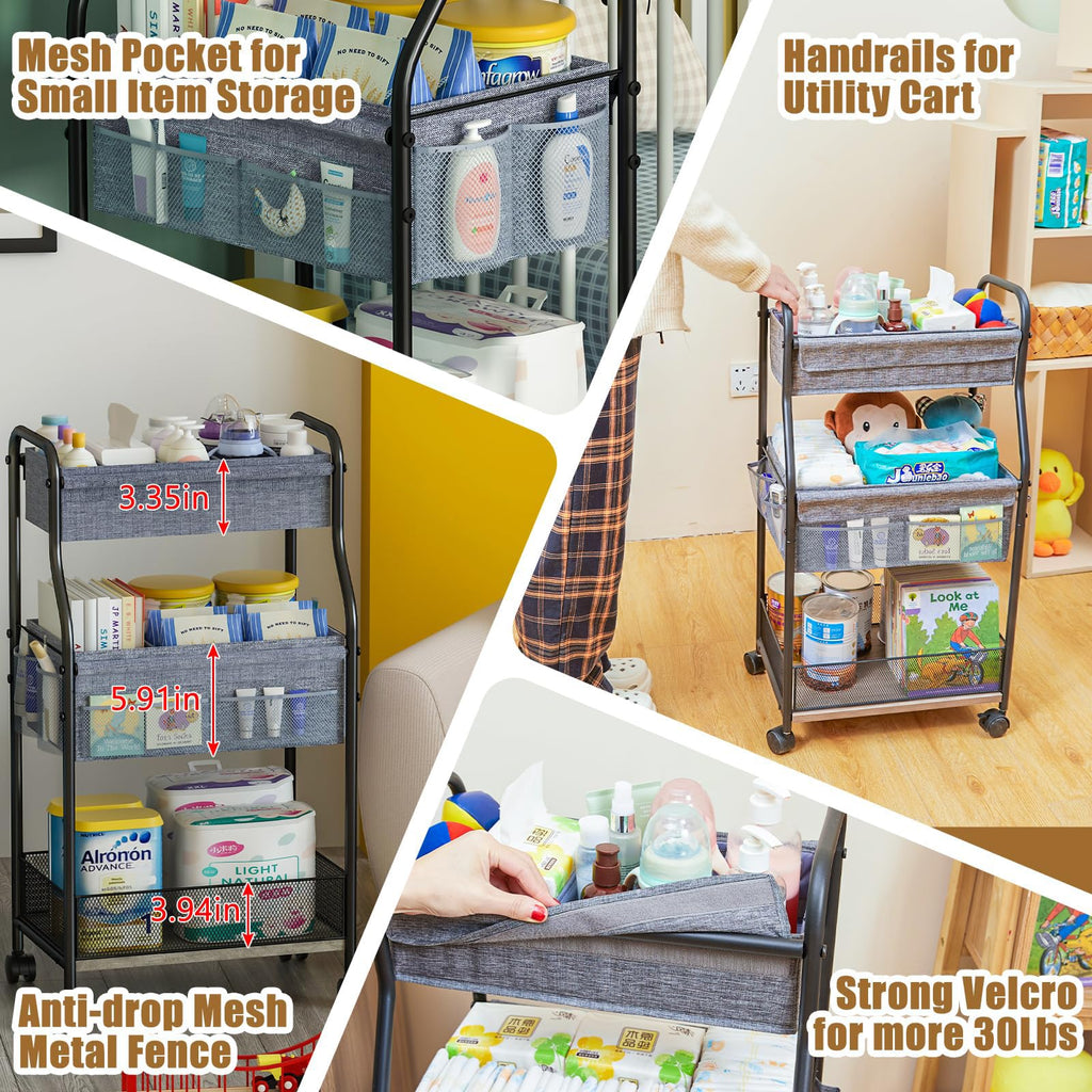 Baxikayon 3-Tier Diaper Caddy Cart, Rolling Nursery Organizer with 6 Dividers & Wheels, Metal Utility Cart for Baby & Bathroom, Gray