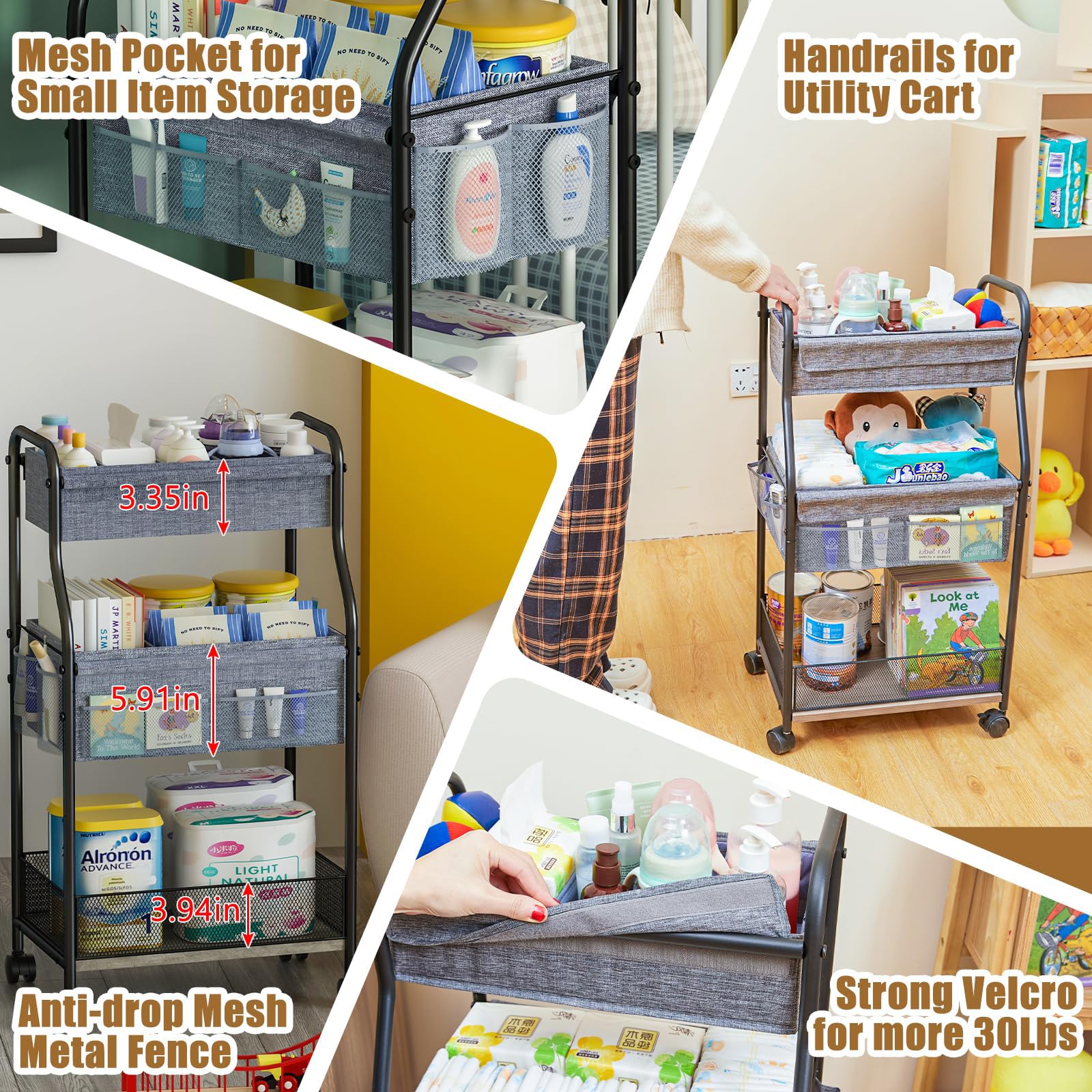 Baxikayon 3-Tier Diaper Caddy Cart, Rolling Nursery Organizer with 6 Dividers & Wheels, Metal Utility Cart for Baby & Bathroom, Gray