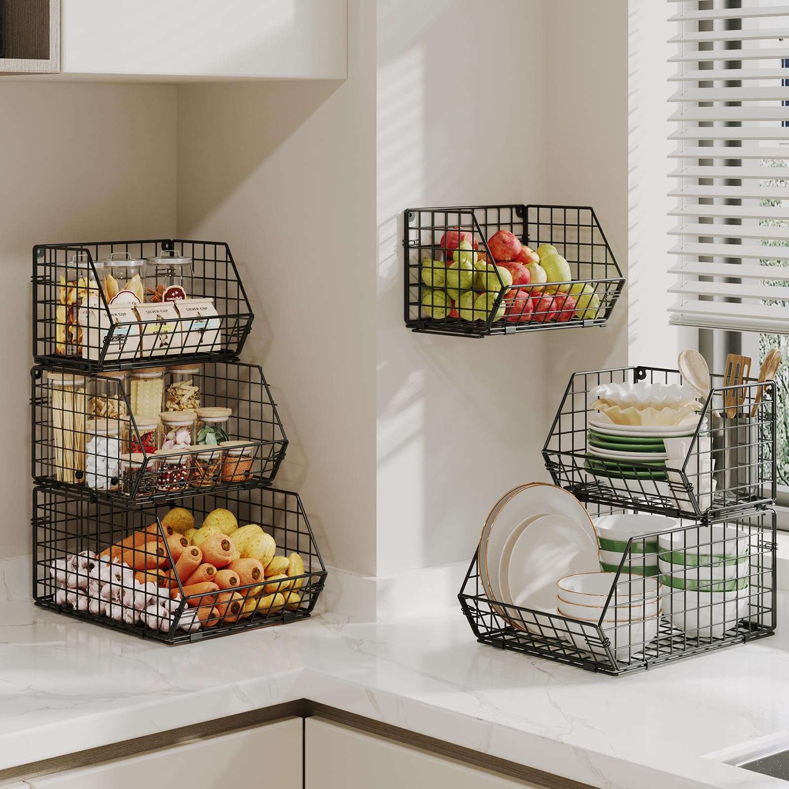 Baxikayon 2-Tier Stackable Wire Basket Organizer with Ventilated Mesh, Wall-Mounted Pantry Storage for Fruit, Vegetables, Snacks, Black