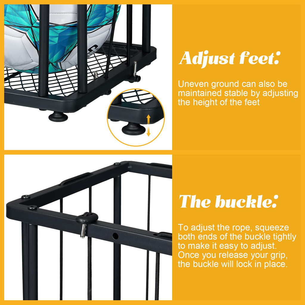 Baxikayon Wall-Mounted & Floor-Standing Ball Rack Organizer with Elastic Rope, Sports Storage for Basketball, Soccer, Volleyball, Garage, Black
