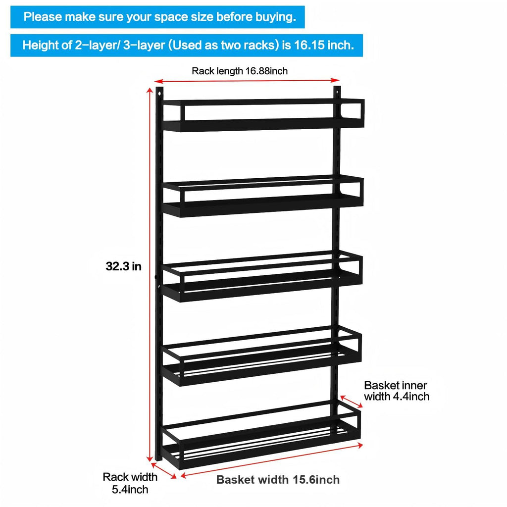 Baxikayon 5-Tier Wall Mount Spice Rack Organizer, Height-Adjustable Shelf with Hooks, Holds 64 Jars for Kitchen Pantry Cabinet, Black