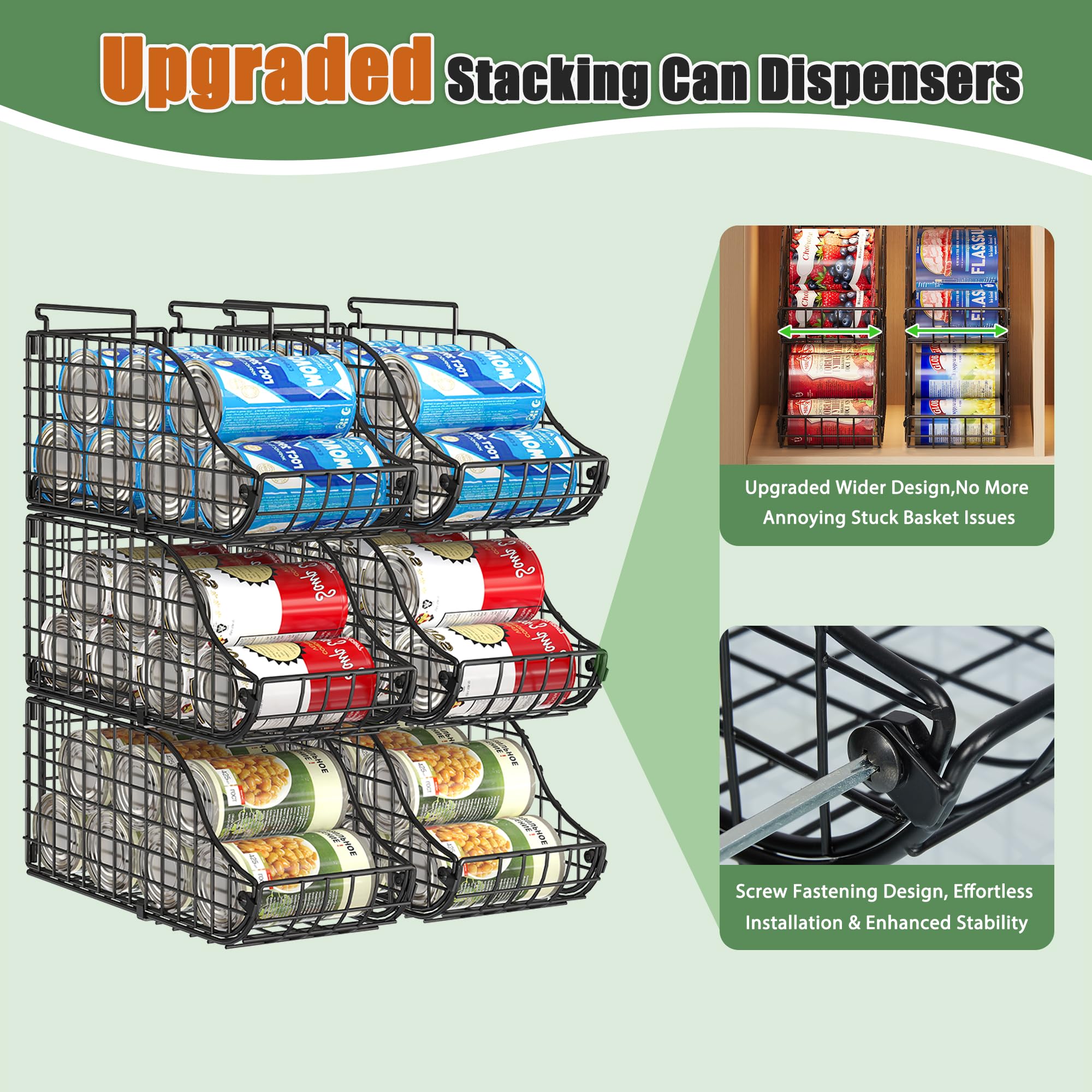 Baxikayon 4-Pack Stackable Can Organizer with Handles, Foldable Wire Soda & Canned Food Storage Rack for Kitchen Pantry Cabinet, Black