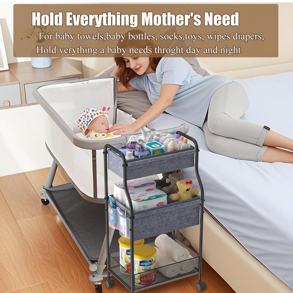 Baxikayon 3-Tier Diaper Caddy Cart, Rolling Nursery Organizer with 6 Dividers & Wheels, Metal Utility Cart for Baby & Bathroom, Gray
