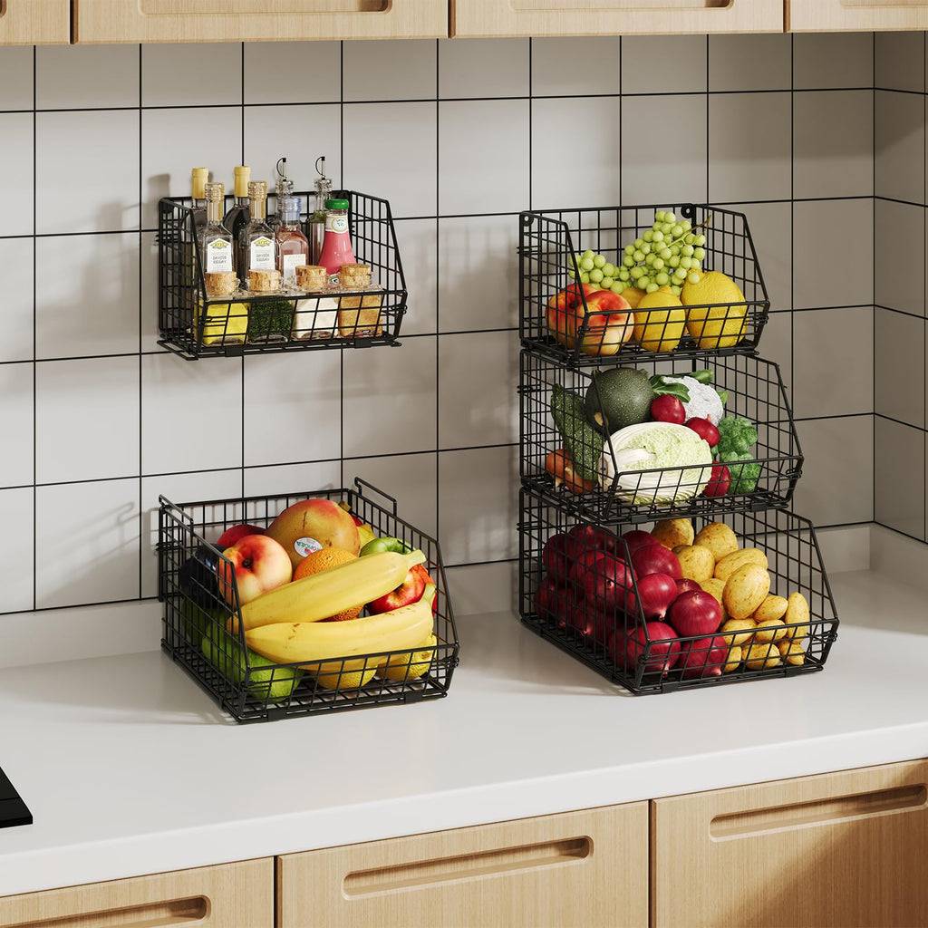 Baxikayon 2-Tier Stackable Wire Basket Organizer with Ventilated Mesh, Wall-Mounted Pantry Storage for Fruit, Vegetables, Snacks, Black