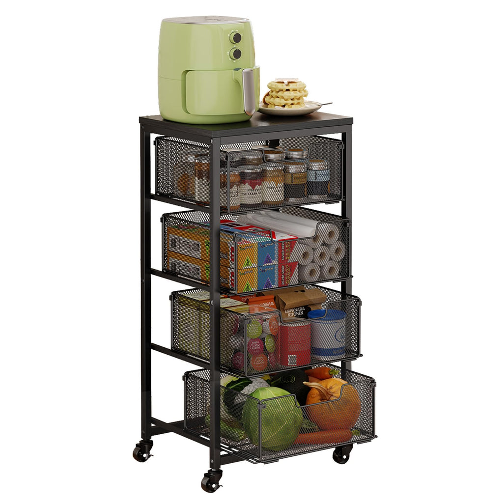 Baxikayon 4-Tier Kitchen Storage Cart with Drawers, Rolling Fruit Vegetable Organizer with Wooden Top for Kitchen & Pantry, Black